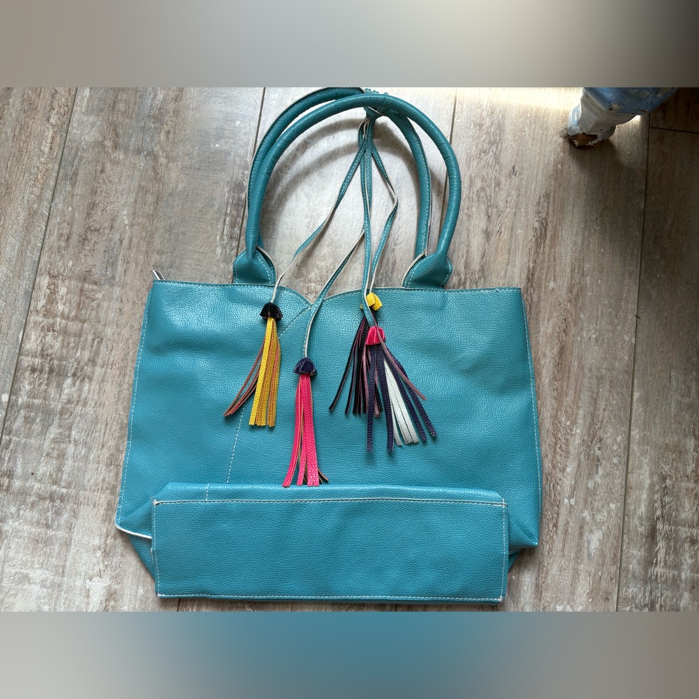 Chic Teal Tote Bag with Multicolor Tassels